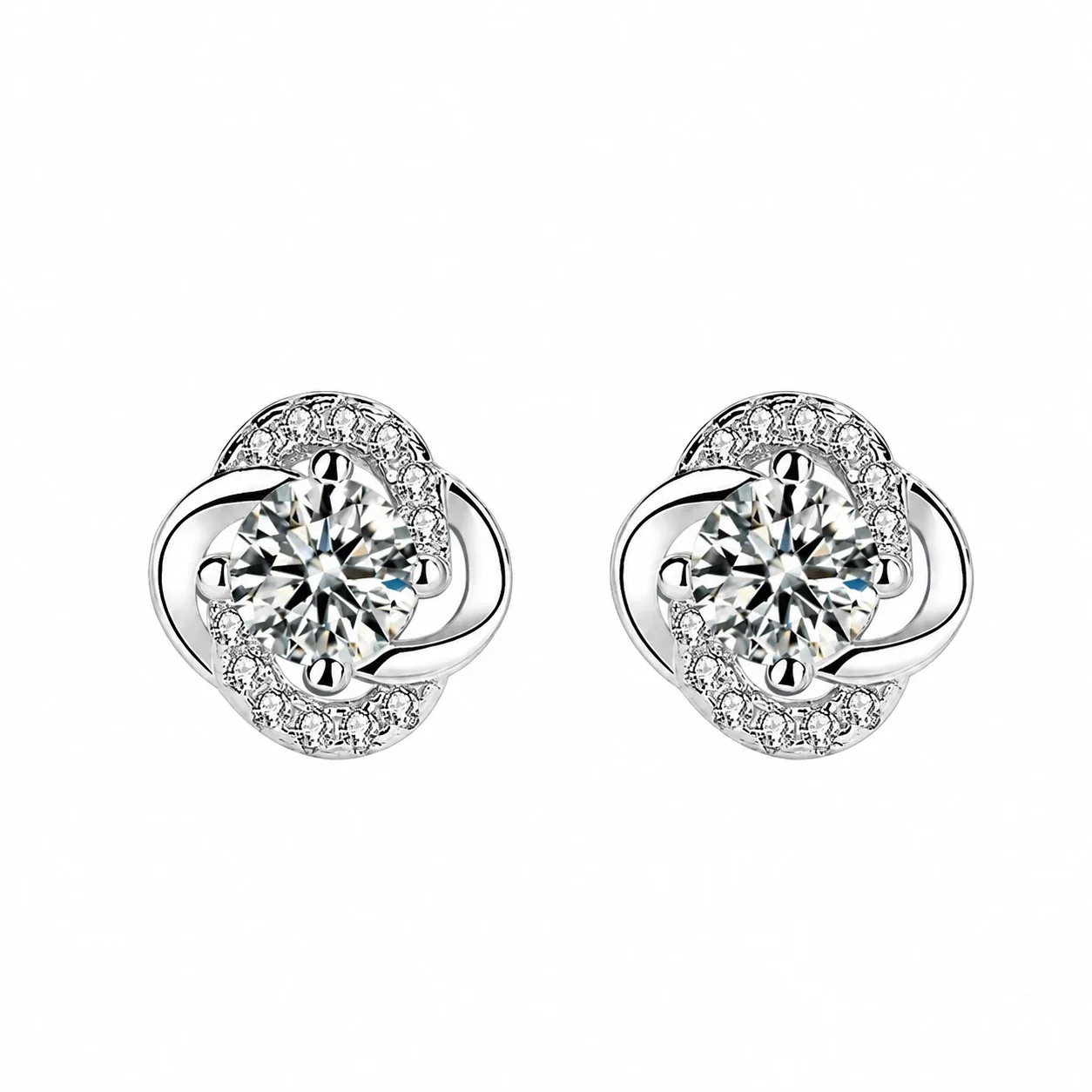 Floral 925 Sterling Silver Round Prong-Set Moissanite Stud Earrings