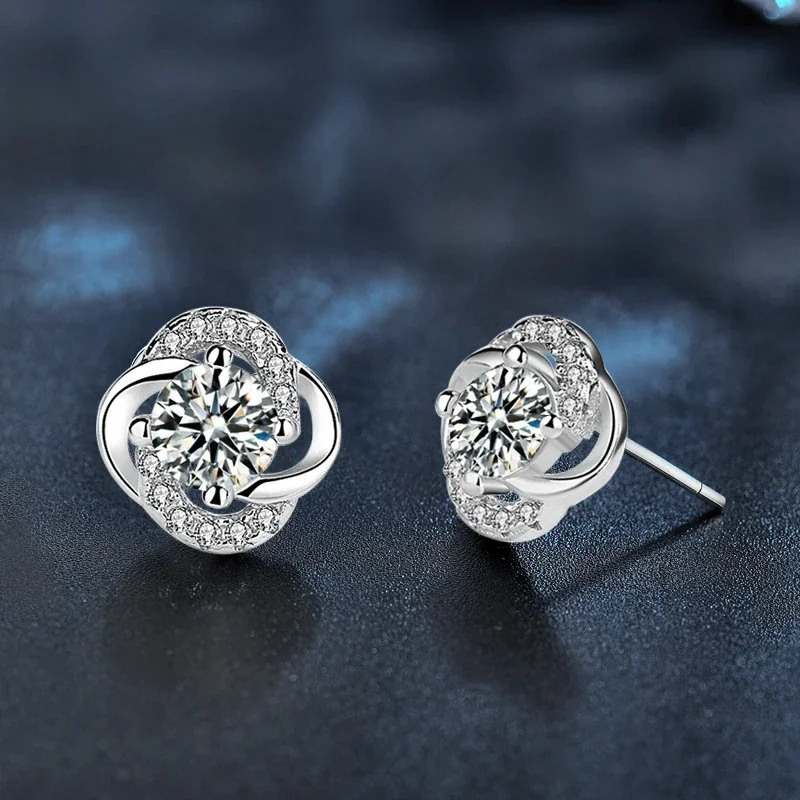 Floral 925 Sterling Silver Round Prong-Set Moissanite Stud Earrings