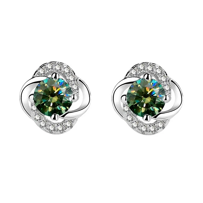 Floral 925 Sterling Silver Round Prong-Set Moissanite Stud Earrings - Emerald Green Moissanite