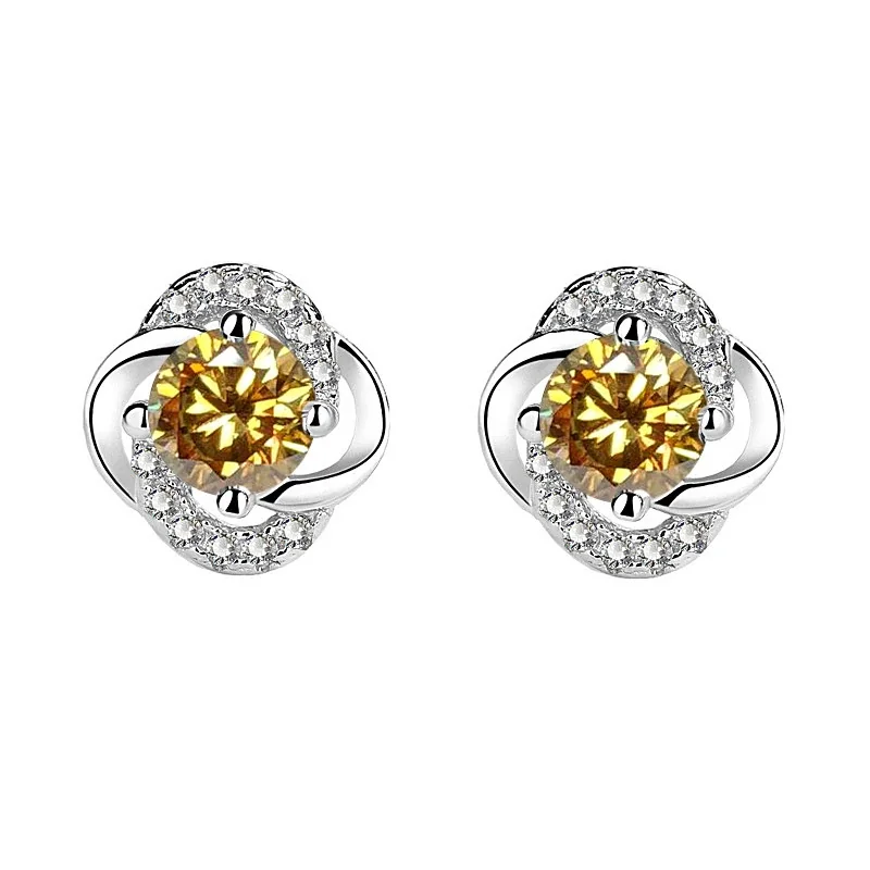 Floral 925 Sterling Silver Round Prong-Set Moissanite Stud Earrings - Champagne Yellow Moissanite