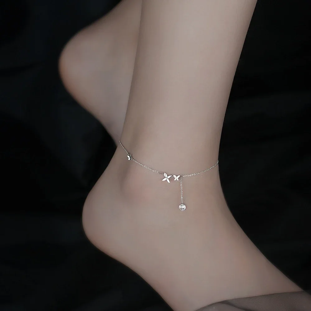 Delicate 925 Sterling Silver Butterfly Drop Anklet