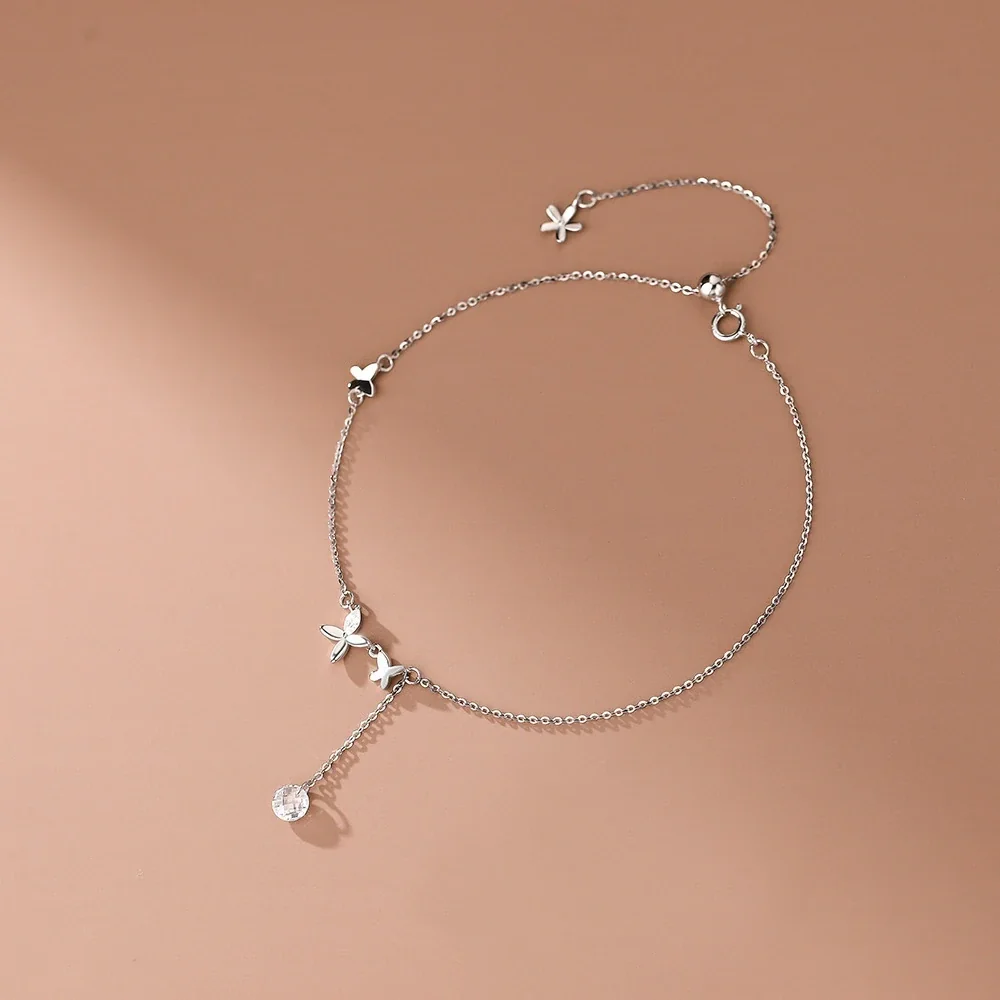 Delicate 925 Sterling Silver Butterfly Drop Anklet - Platinum-Tone