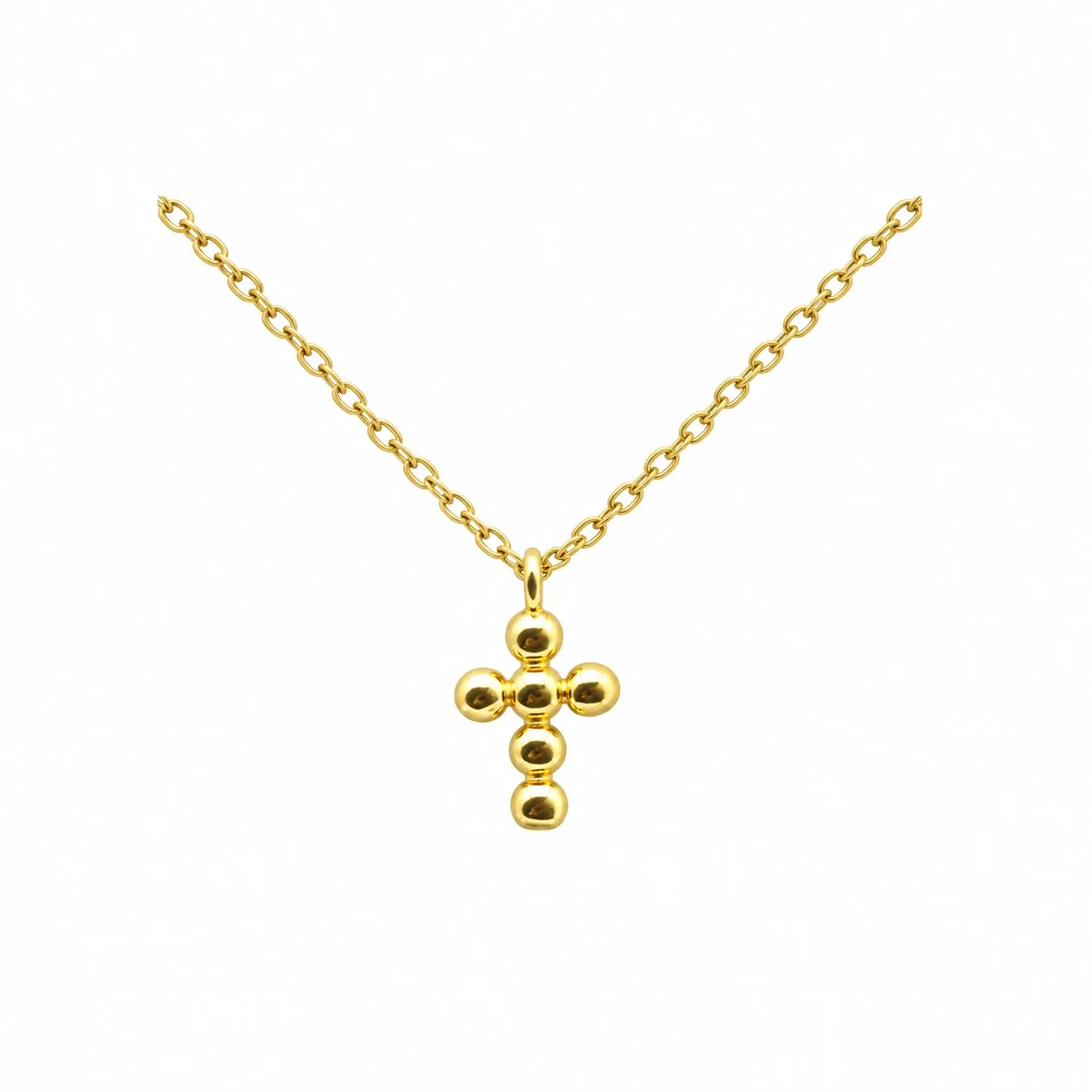 Petite Polished Beaded Cross 925 Sterling Silver Necklace