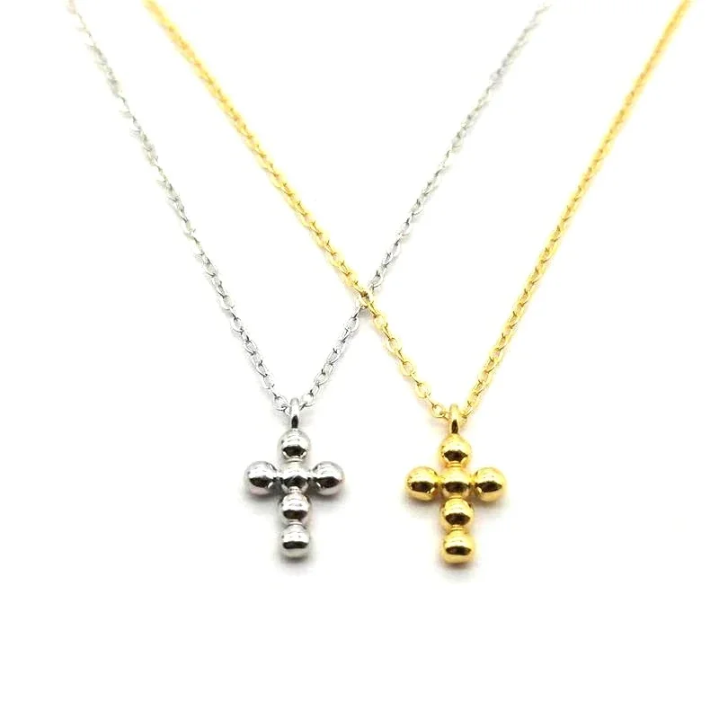 Petite Polished Beaded Cross 925 Sterling Silver Necklace