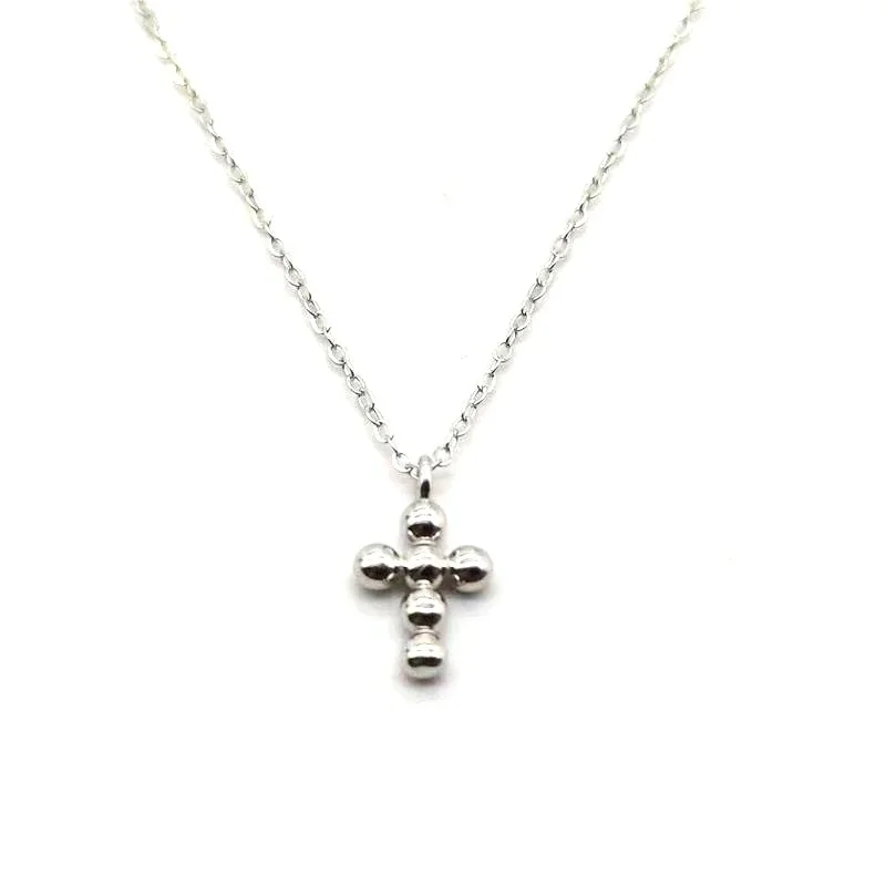 Petite Polished Beaded Cross 925 Sterling Silver Necklace