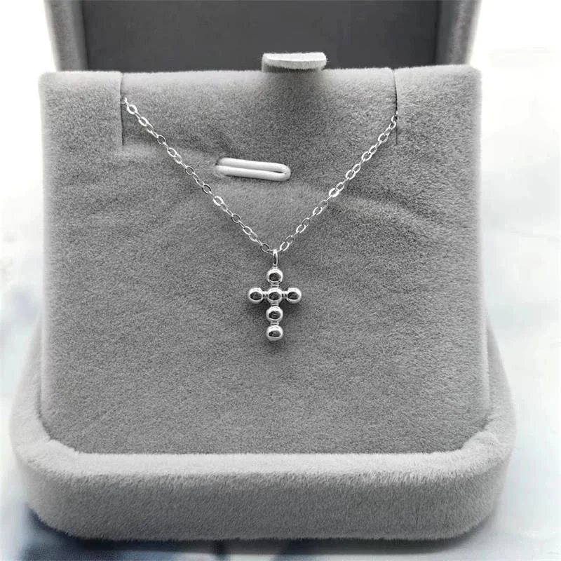 Petite Polished Beaded Cross 925 Sterling Silver Necklace