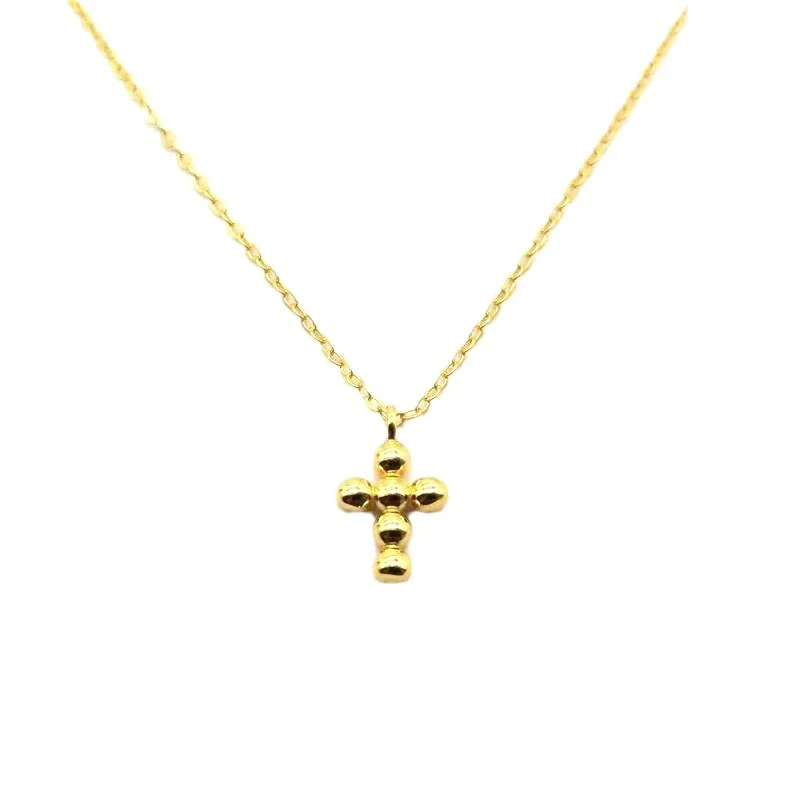 Petite Polished Beaded Cross 925 Sterling Silver Necklace