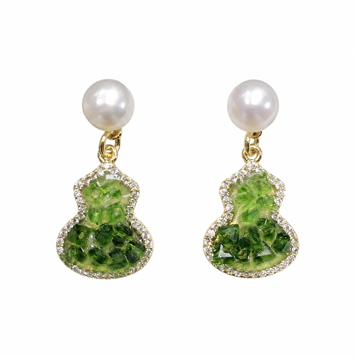 Lustrous Gourd Drop Freshwater Pearl Pavé Stud Earrings