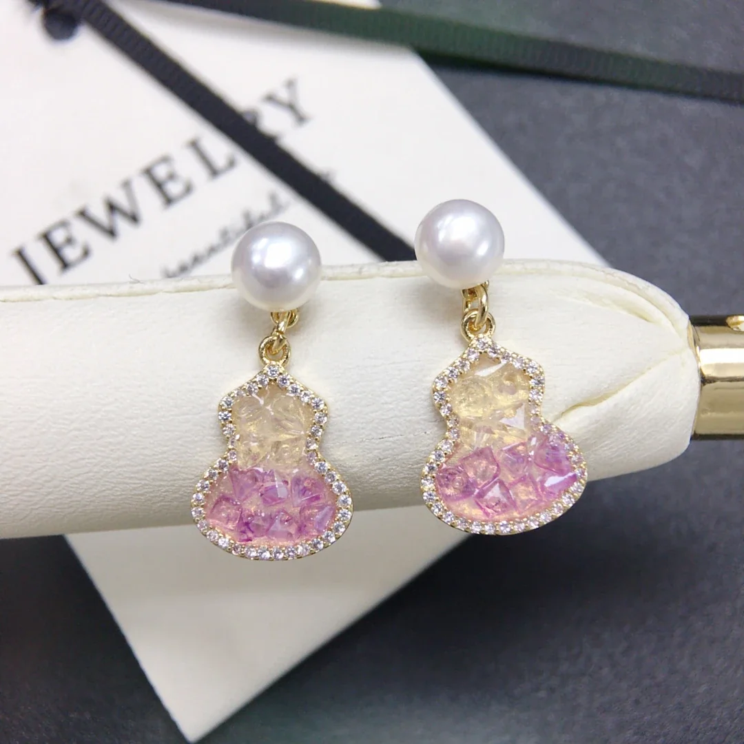 Lustrous Gourd Drop Freshwater Pearl Pavé Stud Earrings