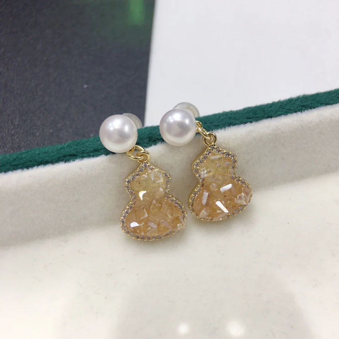 Lustrous Gourd Drop Freshwater Pearl Pavé Stud Earrings