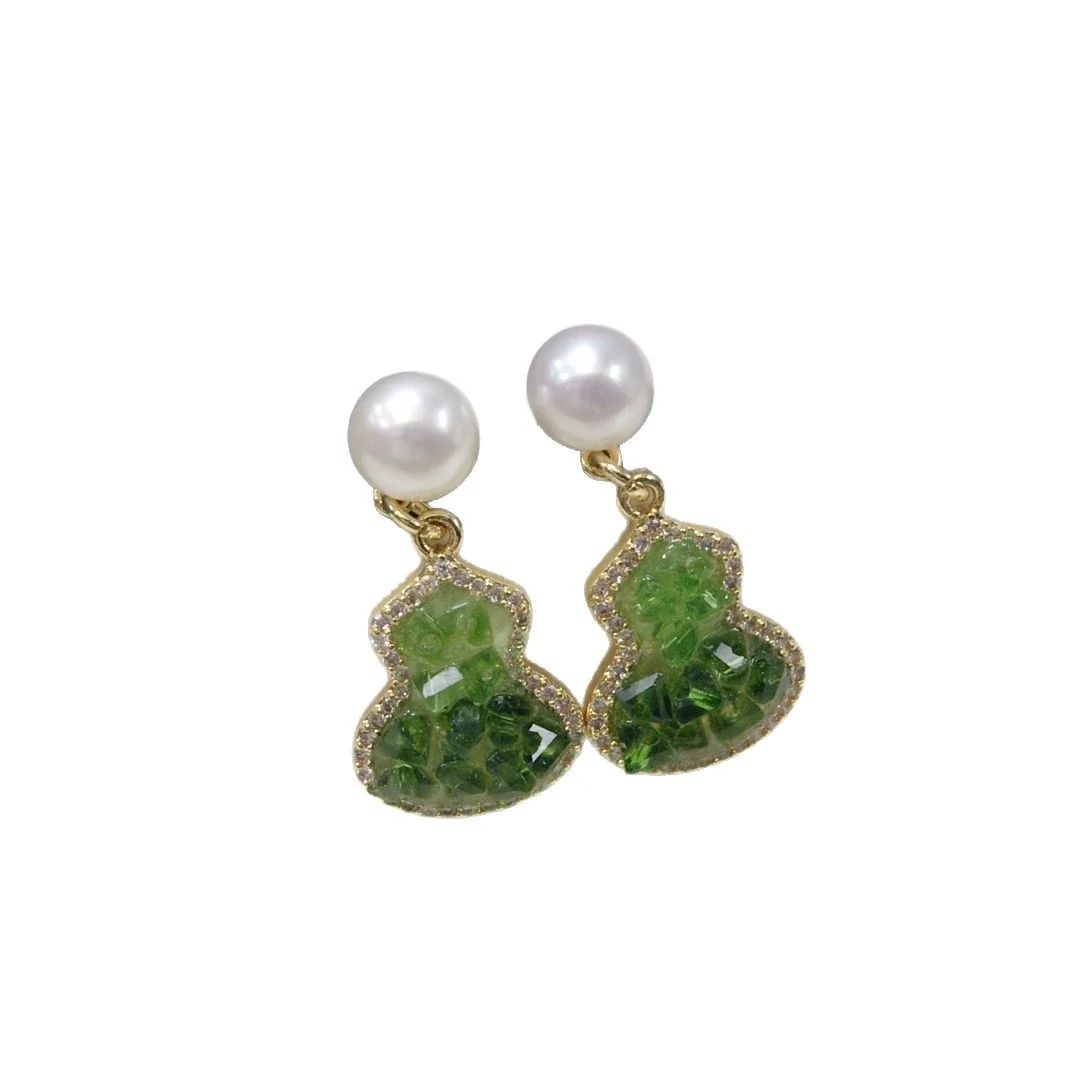 Lustrous Gourd Drop Freshwater Pearl Pavé Stud Earrings