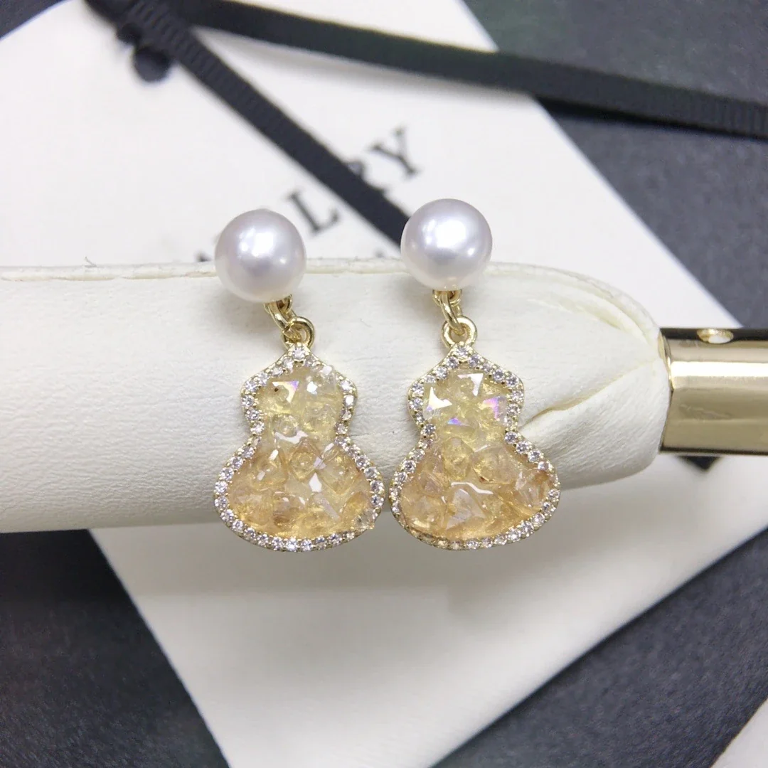 Lustrous Gourd Drop Freshwater Pearl Pavé Stud Earrings - Yellow