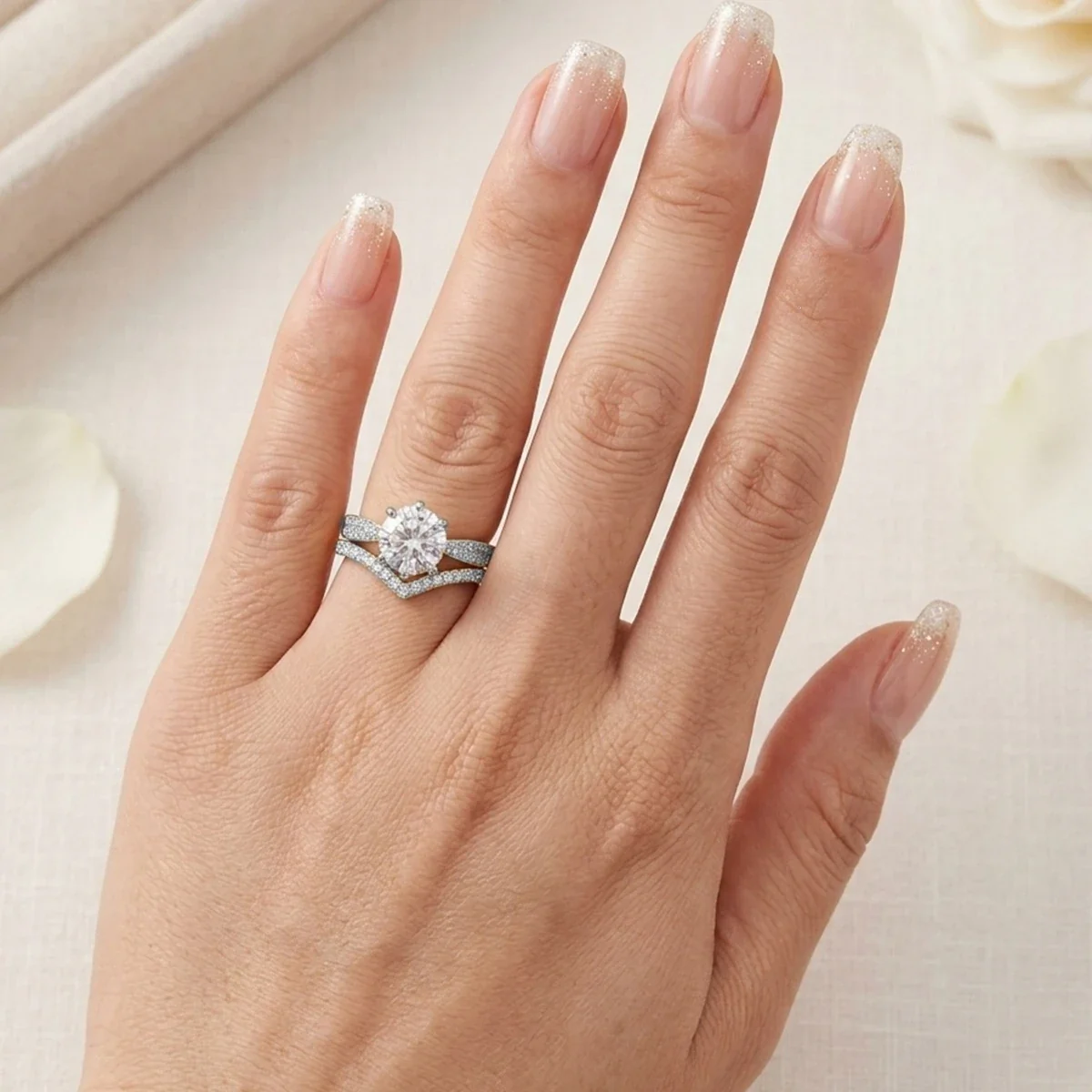 Split-Shank 14K Gold-Plated Pavé Solitaire Ring - Silver V-Shape