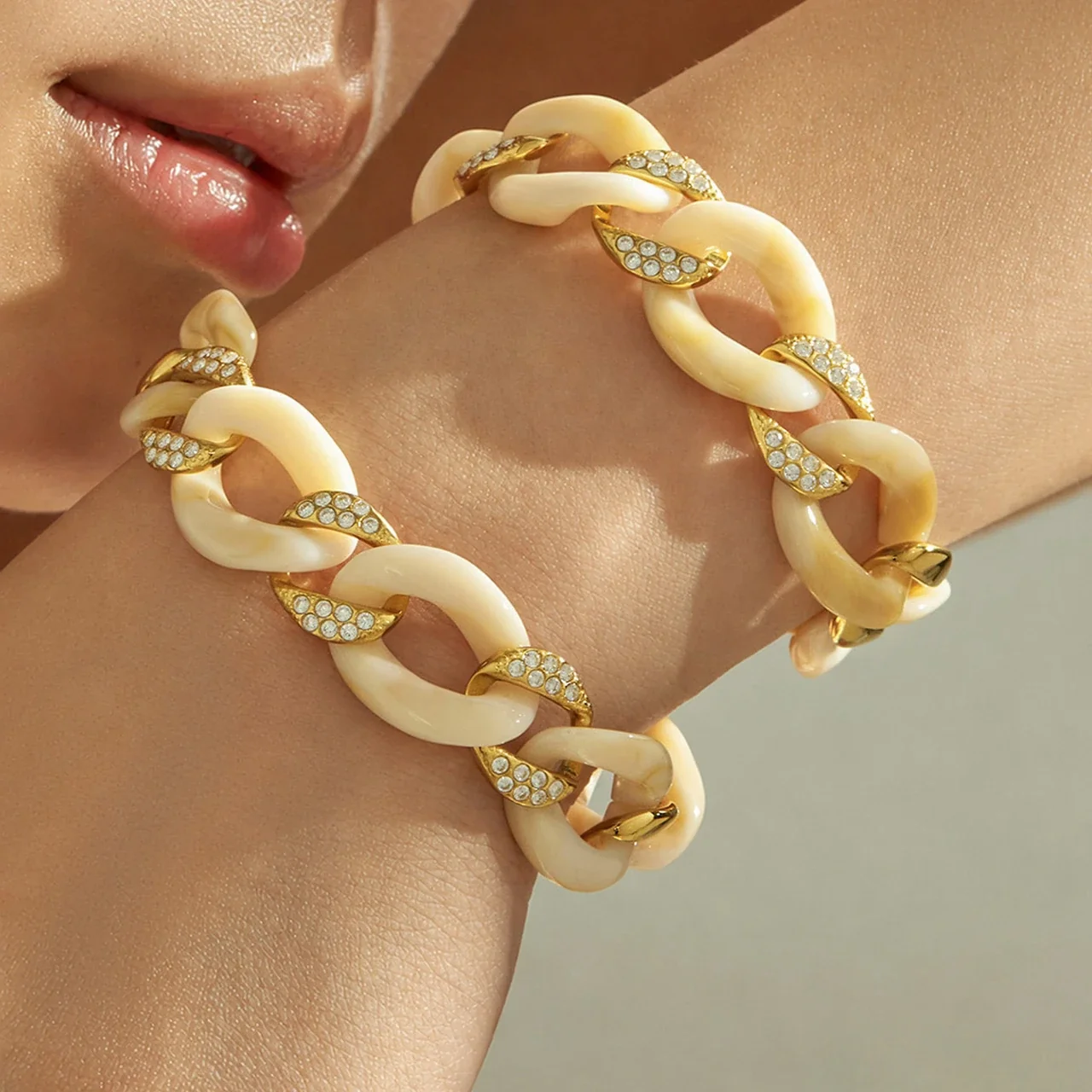 Marbled Resin Pavé Cuban Link Stainless Steel Bracelet