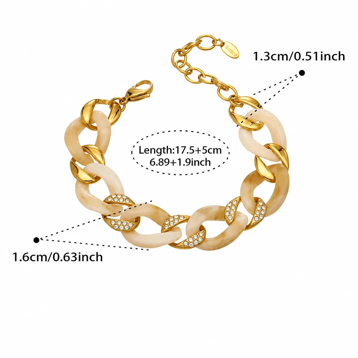 Marbled Resin Pavé Cuban Link Stainless Steel Bracelet - E303--17.5+5cm