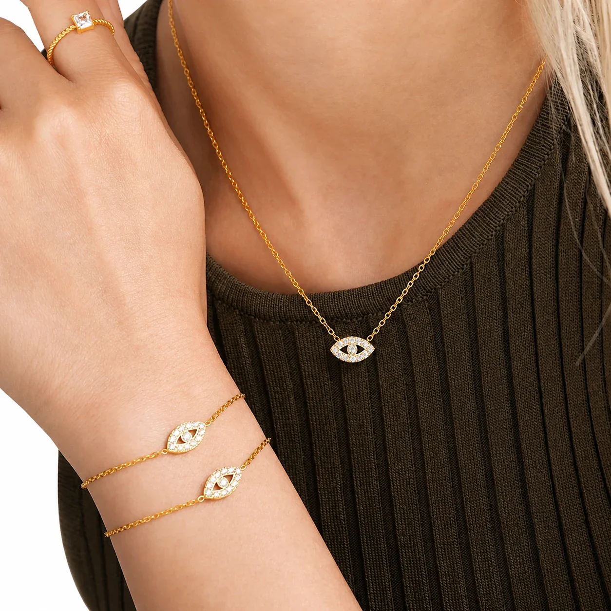 Polished Stainless Steel Evil Eye CZ Chain Jewelry Set