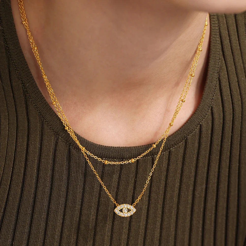 Polished Stainless Steel Evil Eye CZ Chain Jewelry Set