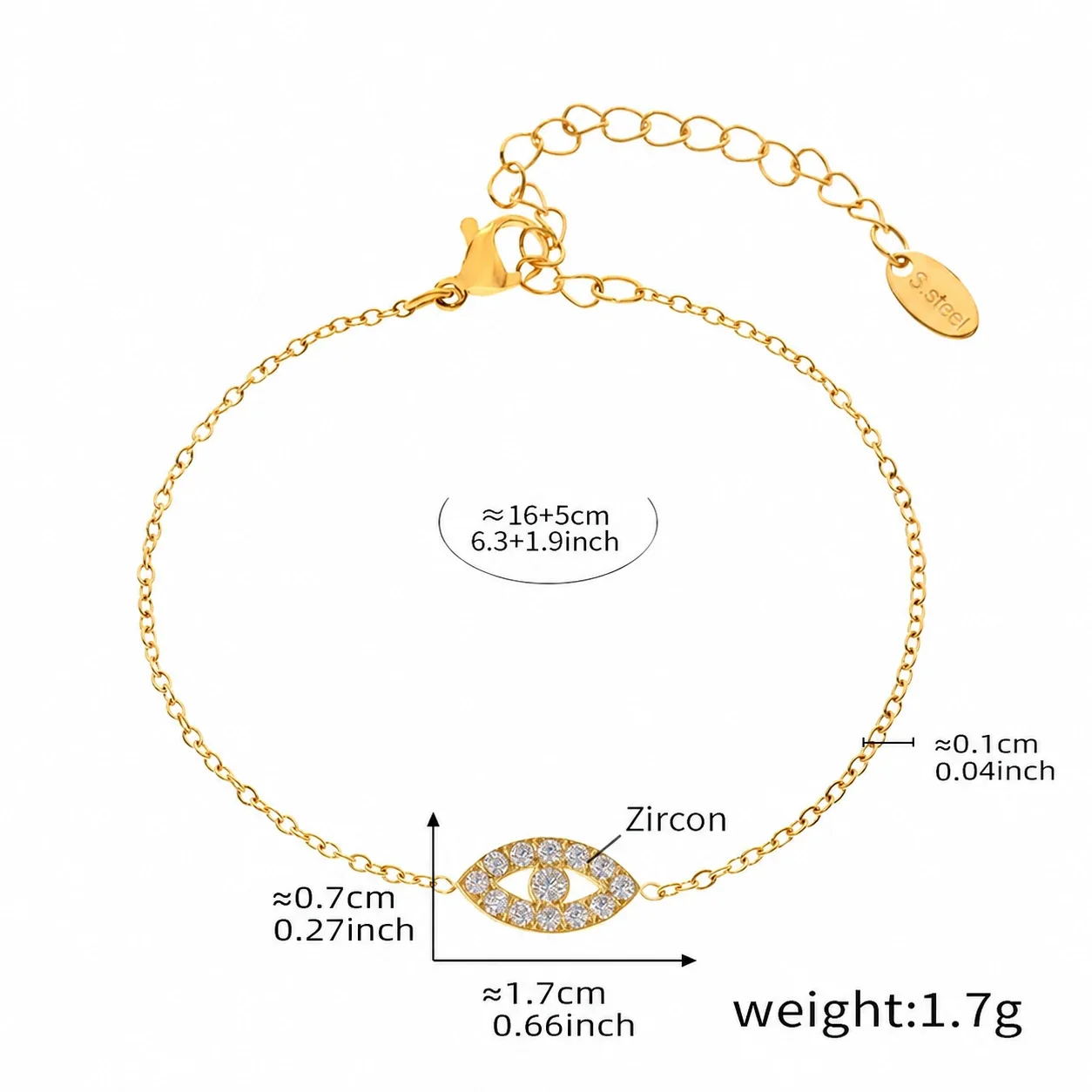 Polished Stainless Steel Evil Eye CZ Chain Jewelry Set - Gold CZ 16+5 cm