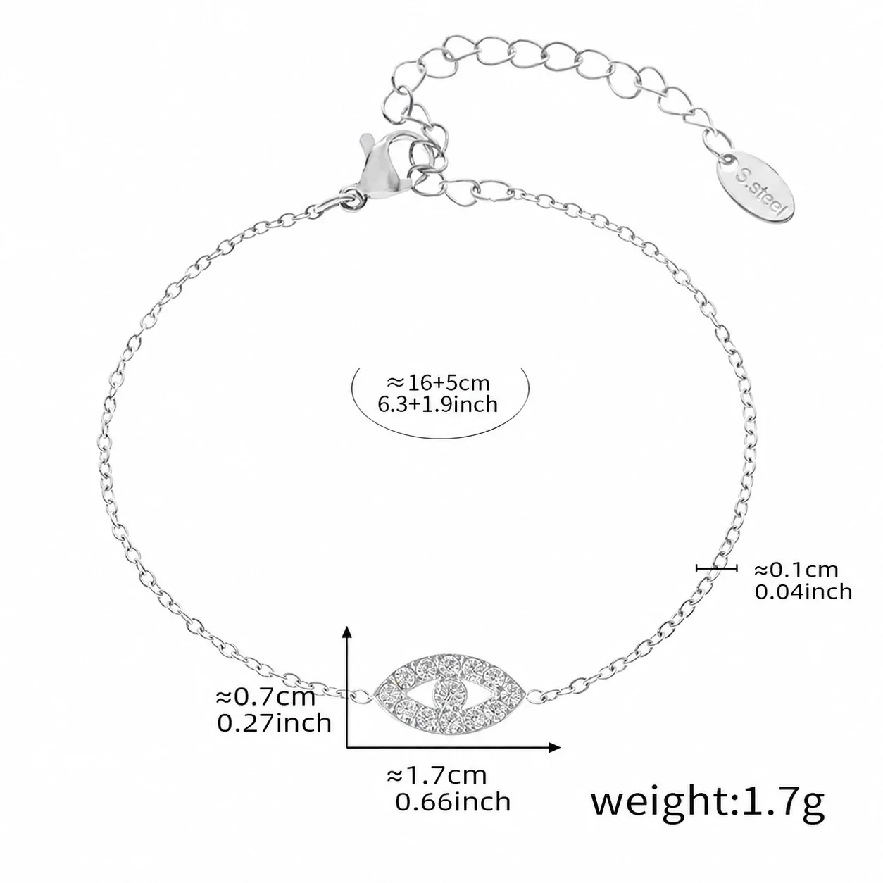 Polished Stainless Steel Evil Eye CZ Chain Jewelry Set - Silver CZ 16+5 cm