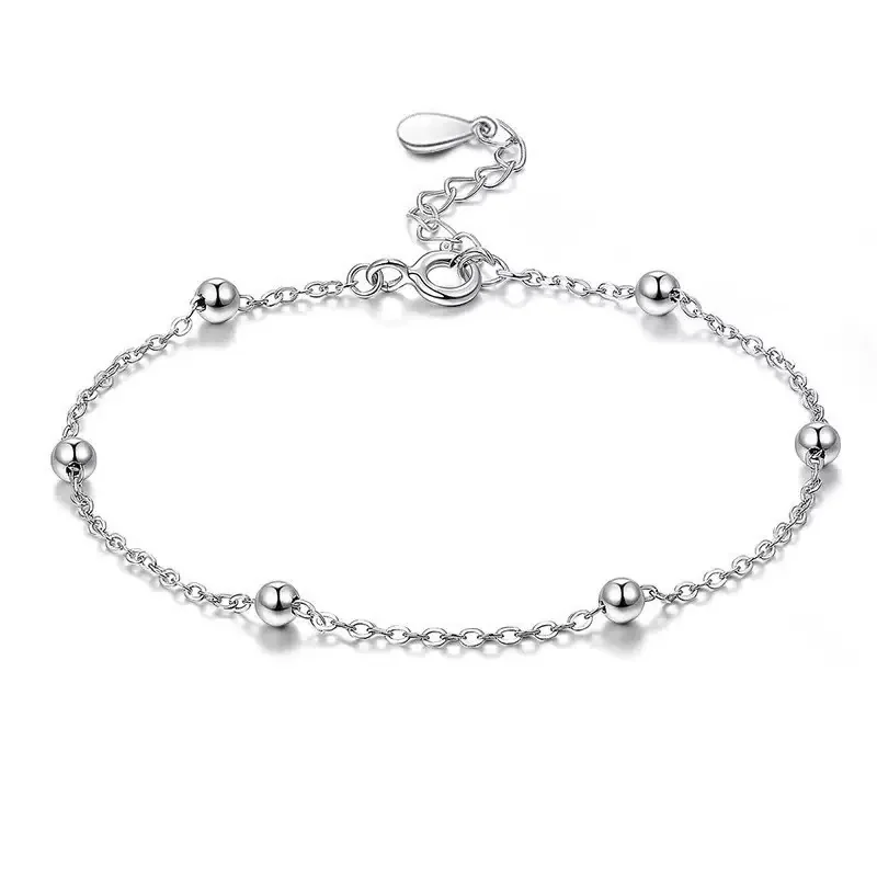Polished 925 Sterling Silver Round-Bead Cable Chain Bracelet
