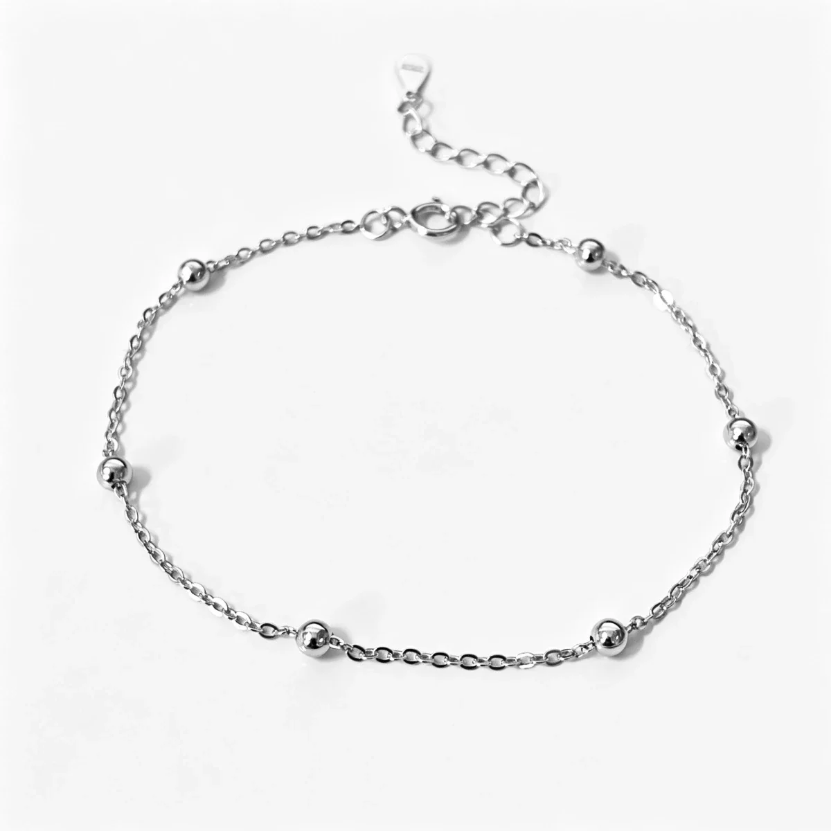 Polished 925 Sterling Silver Round-Bead Cable Chain Bracelet
