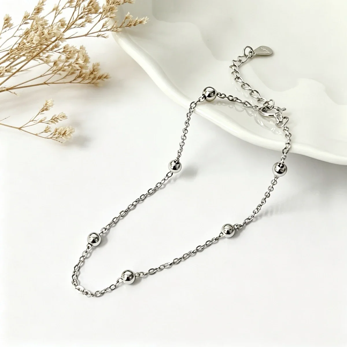 Polished 925 Sterling Silver Round-Bead Cable Chain Bracelet