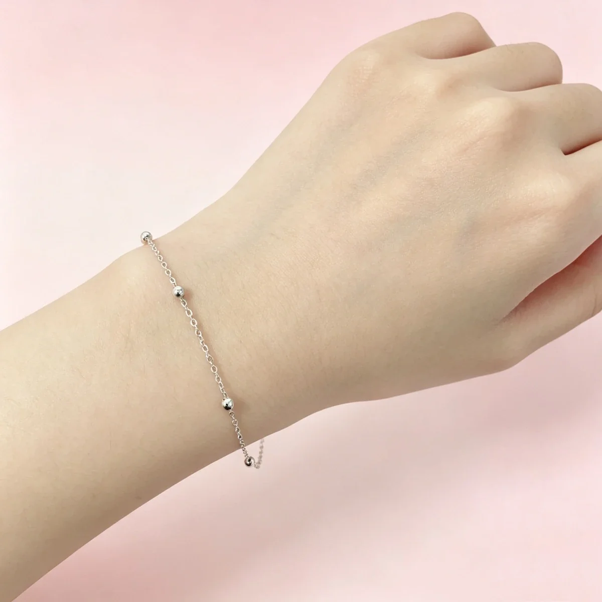 Polished 925 Sterling Silver Round-Bead Cable Chain Bracelet