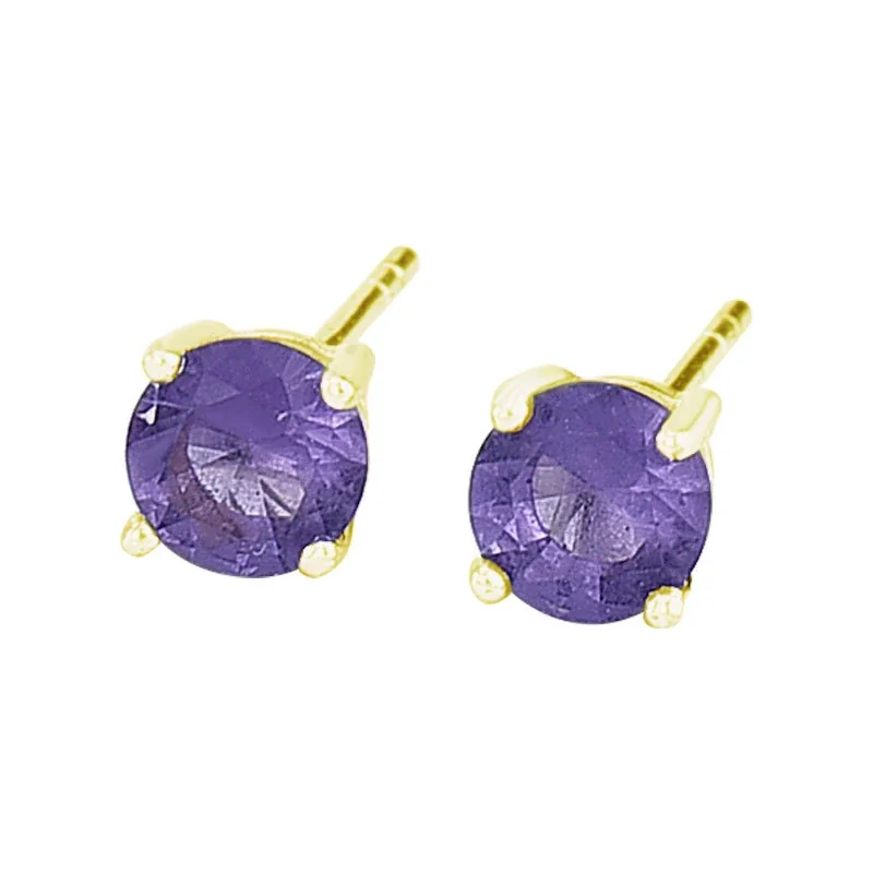 Vibrant 925 Sterling Silver Round Four-Prong Stud Earrings - Purple Glass Gold