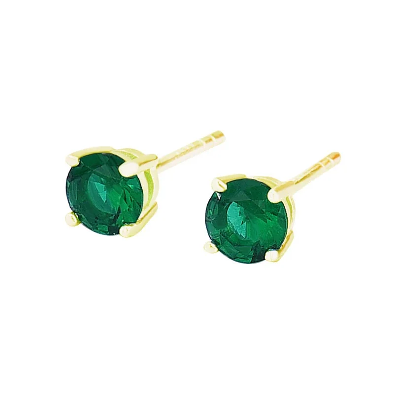 Vibrant 925 Sterling Silver Round Four-Prong Stud Earrings - Green Glass Gold