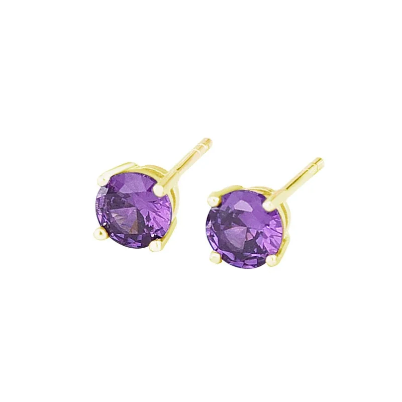 Vibrant 925 Sterling Silver Round Four-Prong Stud Earrings - Medium Purple Glass Gold
