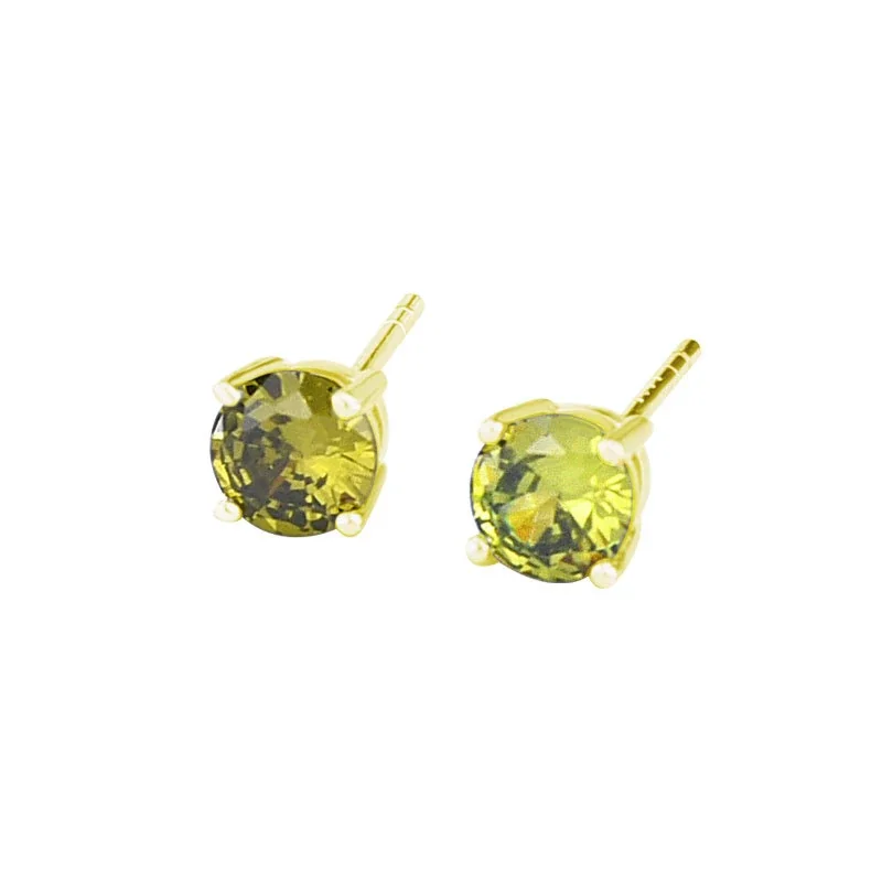 Vibrant 925 Sterling Silver Round Four-Prong Stud Earrings - Olive Green Gold