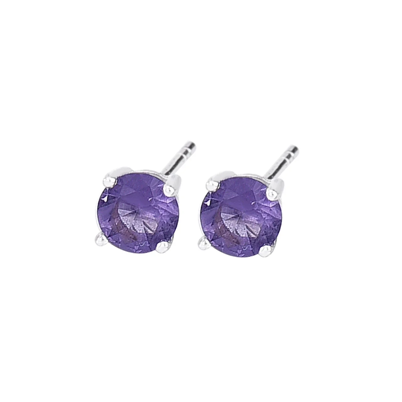 Vibrant 925 Sterling Silver Round Four-Prong Stud Earrings - Purple Glass Silver