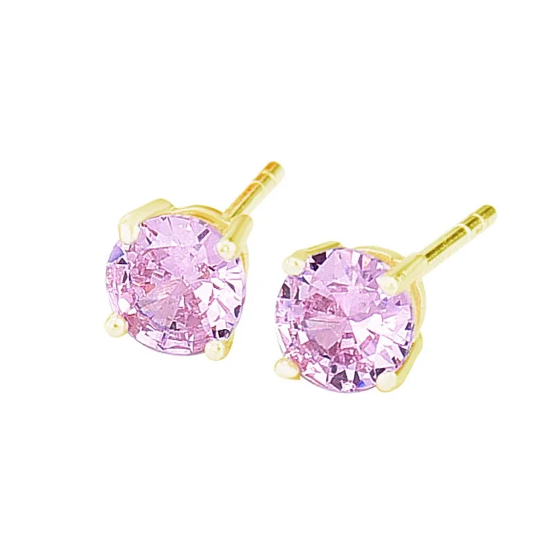 Vibrant 925 Sterling Silver Round Four-Prong Stud Earrings - Pink Gold