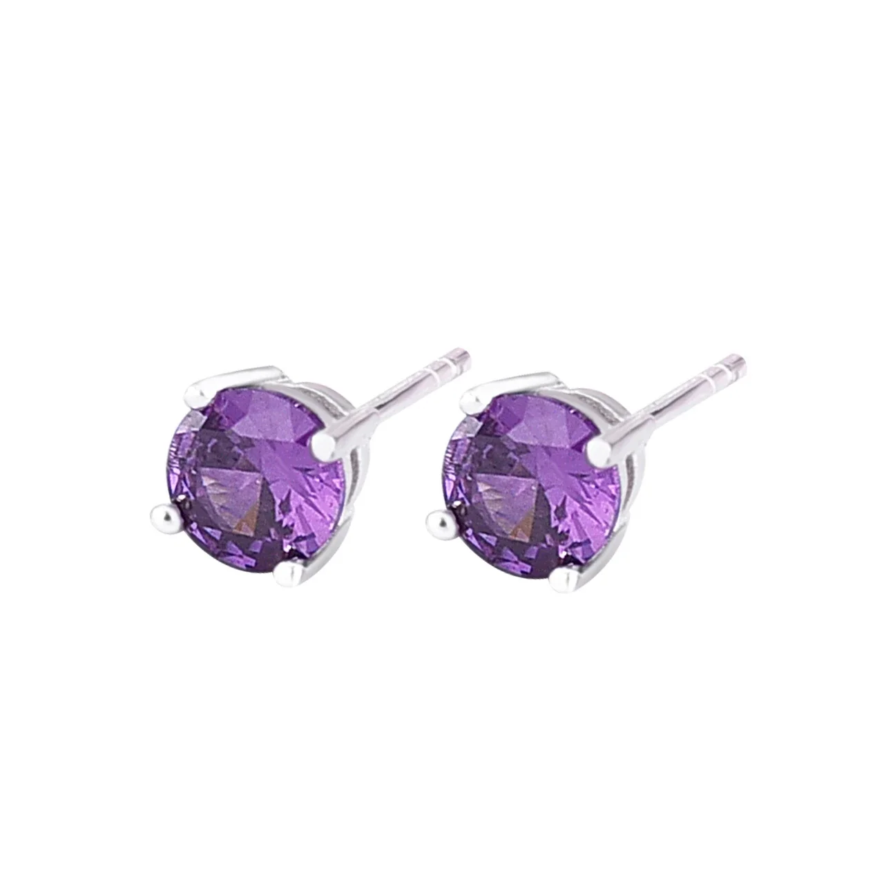 Vibrant 925 Sterling Silver Round Four-Prong Stud Earrings - Medium Purple Glass Silver