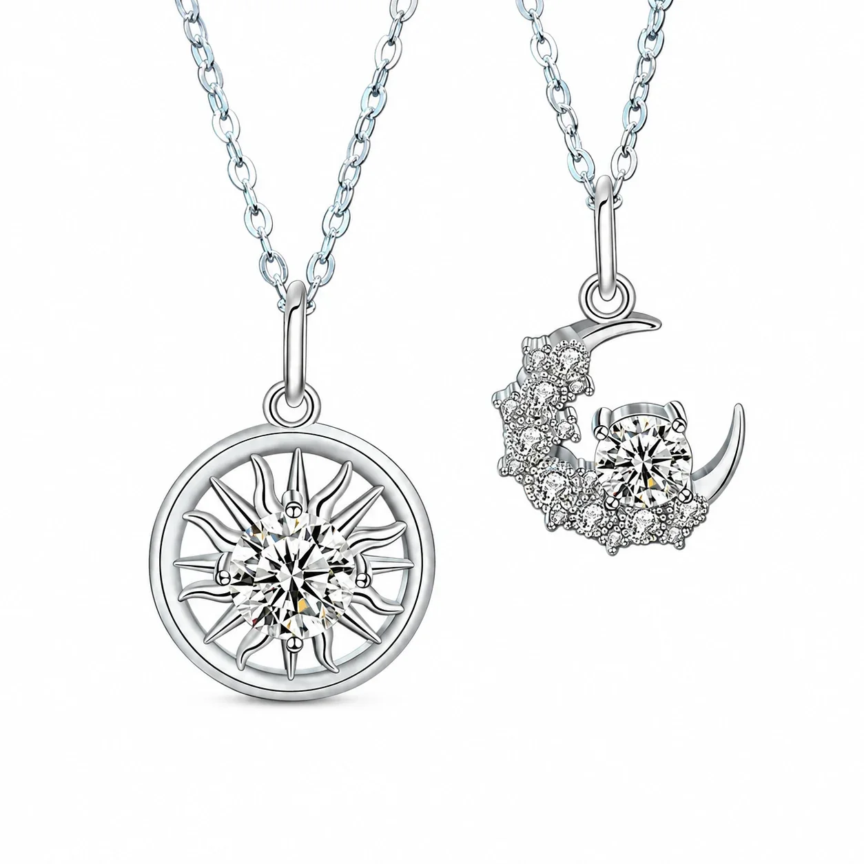 Celestial 925 Sterling Silver Sunburst & Crescent Moissanite Necklace