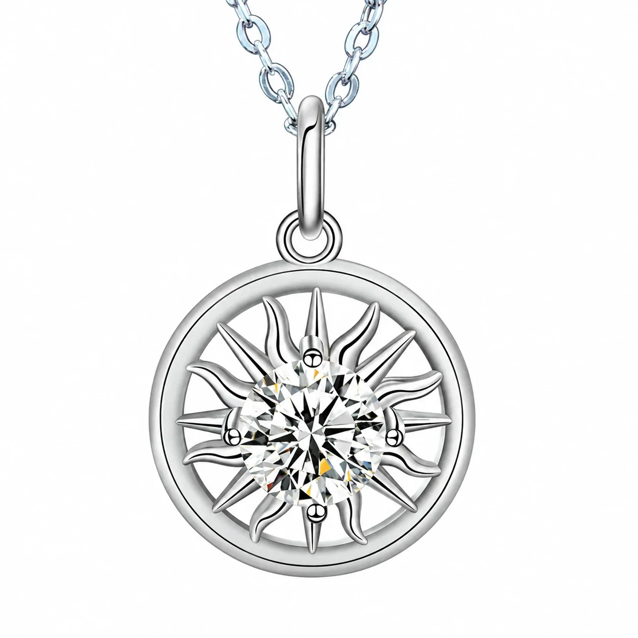 Celestial 925 Sterling Silver Sunburst & Crescent Necklace