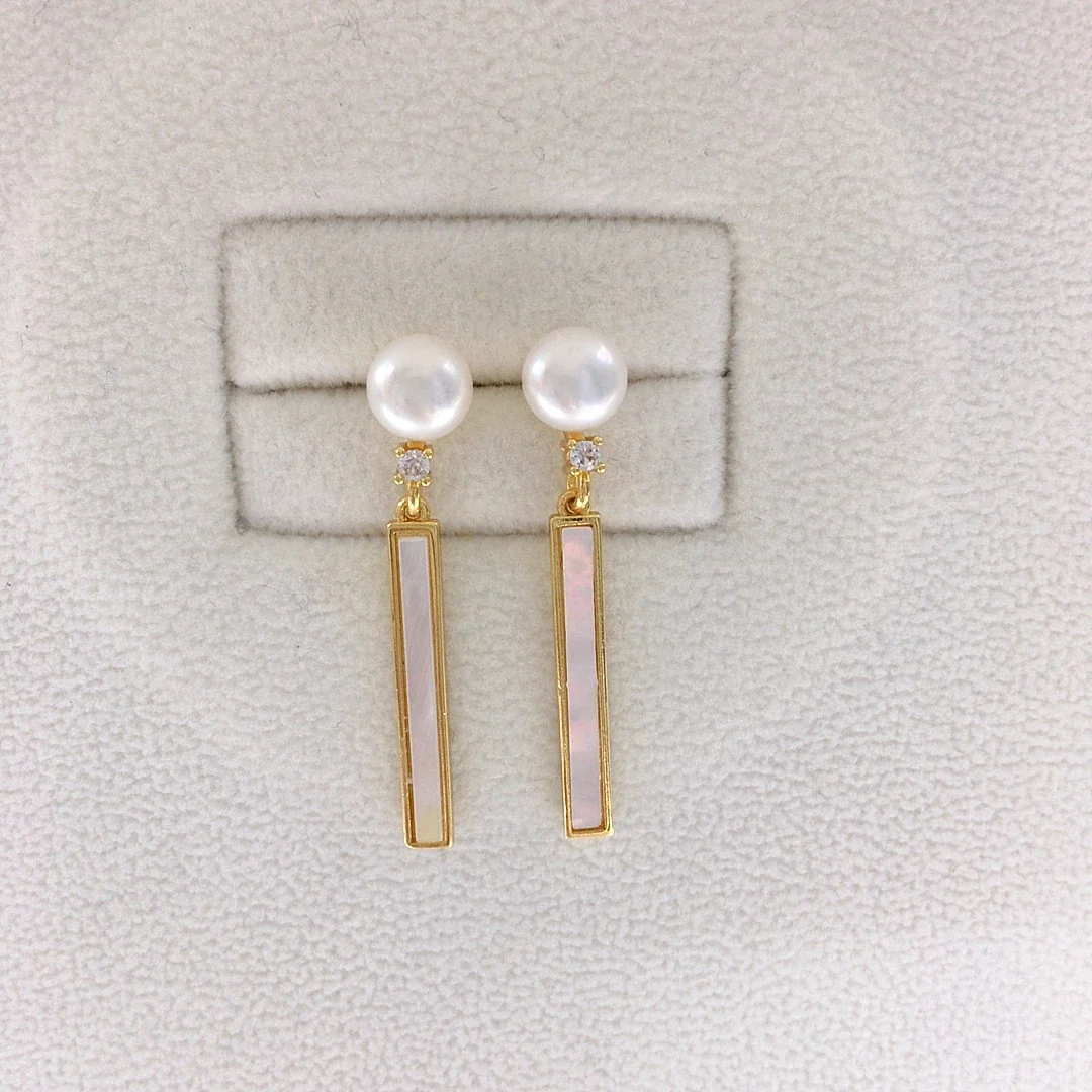Geometric Shell Bar Freshwater Pearl Crystal Drop Earrings