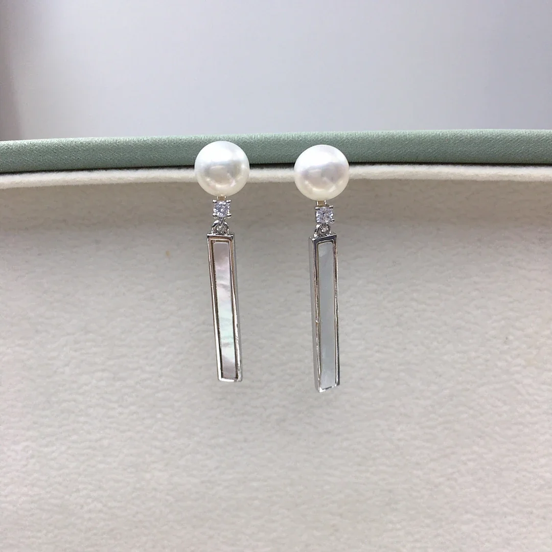 Geometric Shell Bar Freshwater Pearl Crystal Drop Earrings