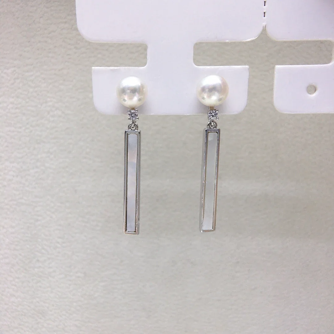 Geometric Shell Bar Freshwater Pearl Crystal Drop Earrings