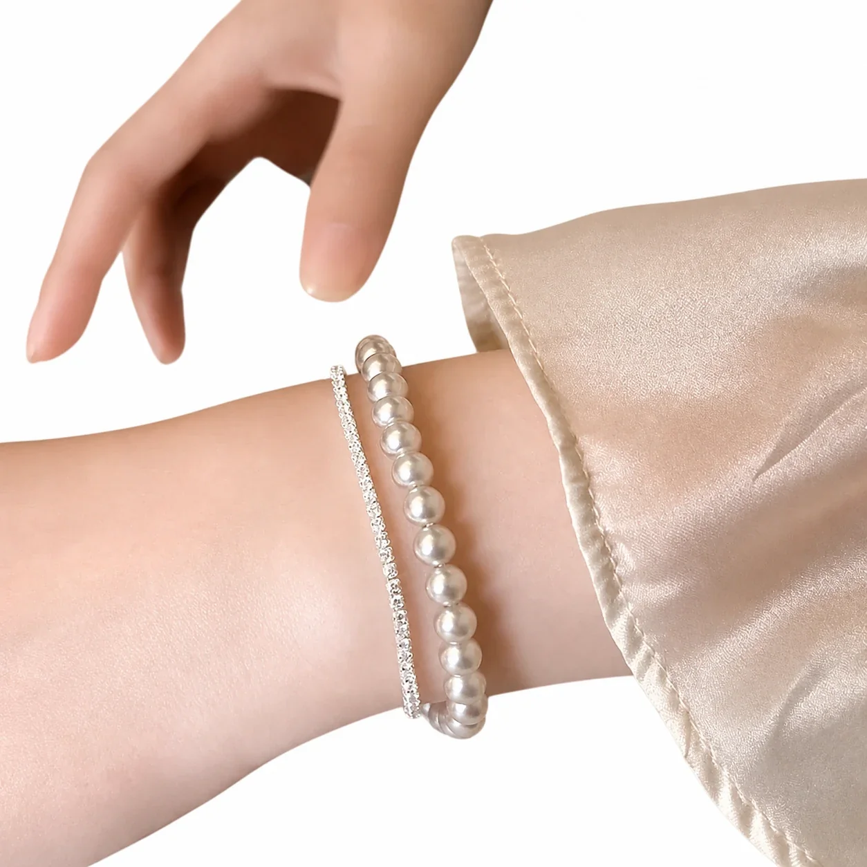Lustrous Silver-Plated Double-Strand Bead Chain Copper Bracelet