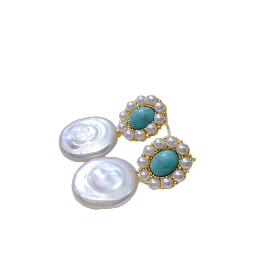 Ornate Oval Turquoise Halo Freshwater Pearl Drop Earrings