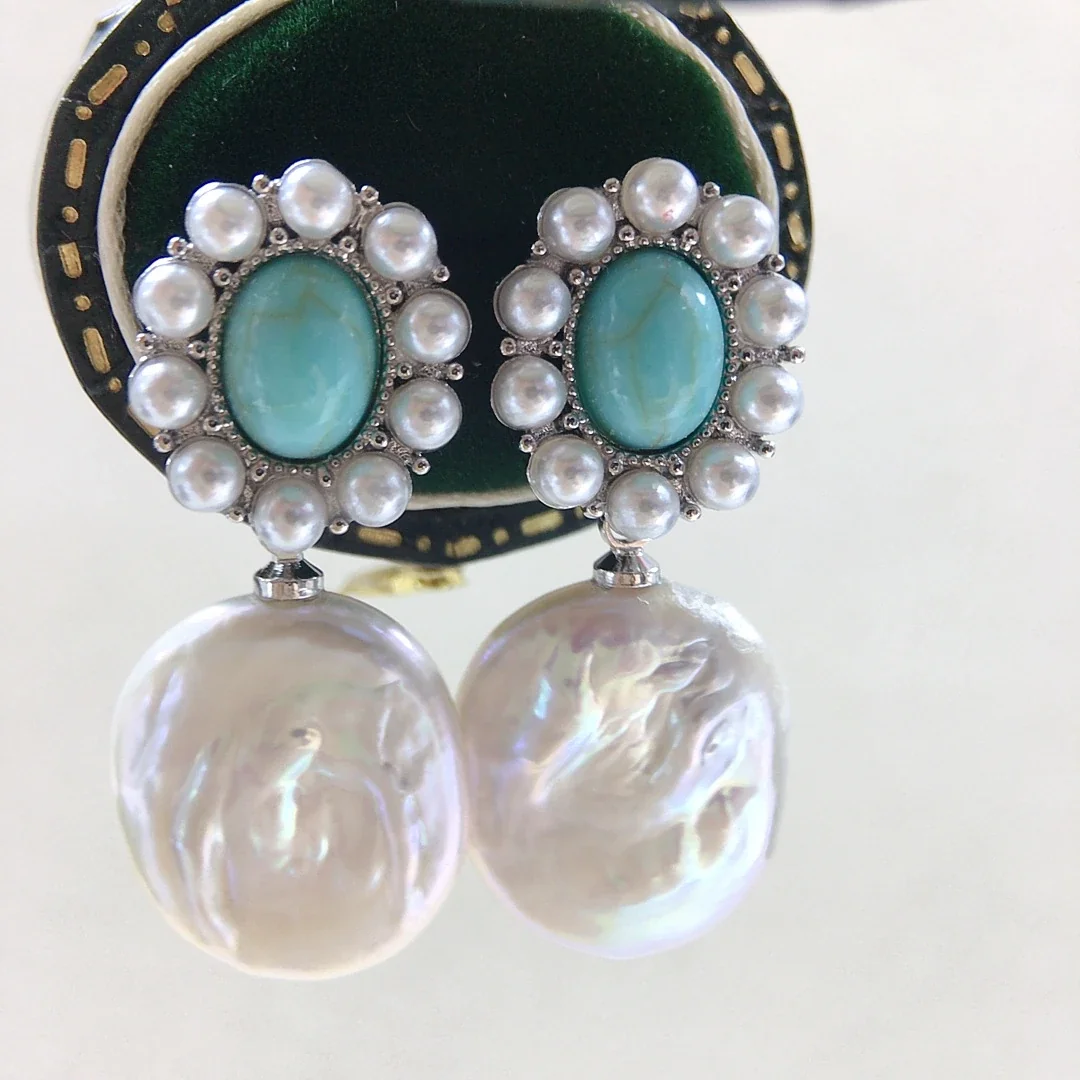 Ornate Oval Turquoise Halo Freshwater Pearl Drop Earrings