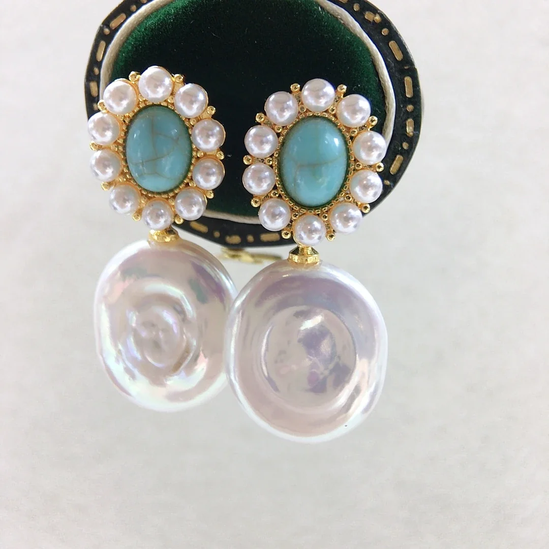 Ornate Oval Turquoise Halo Freshwater Pearl Drop Earrings