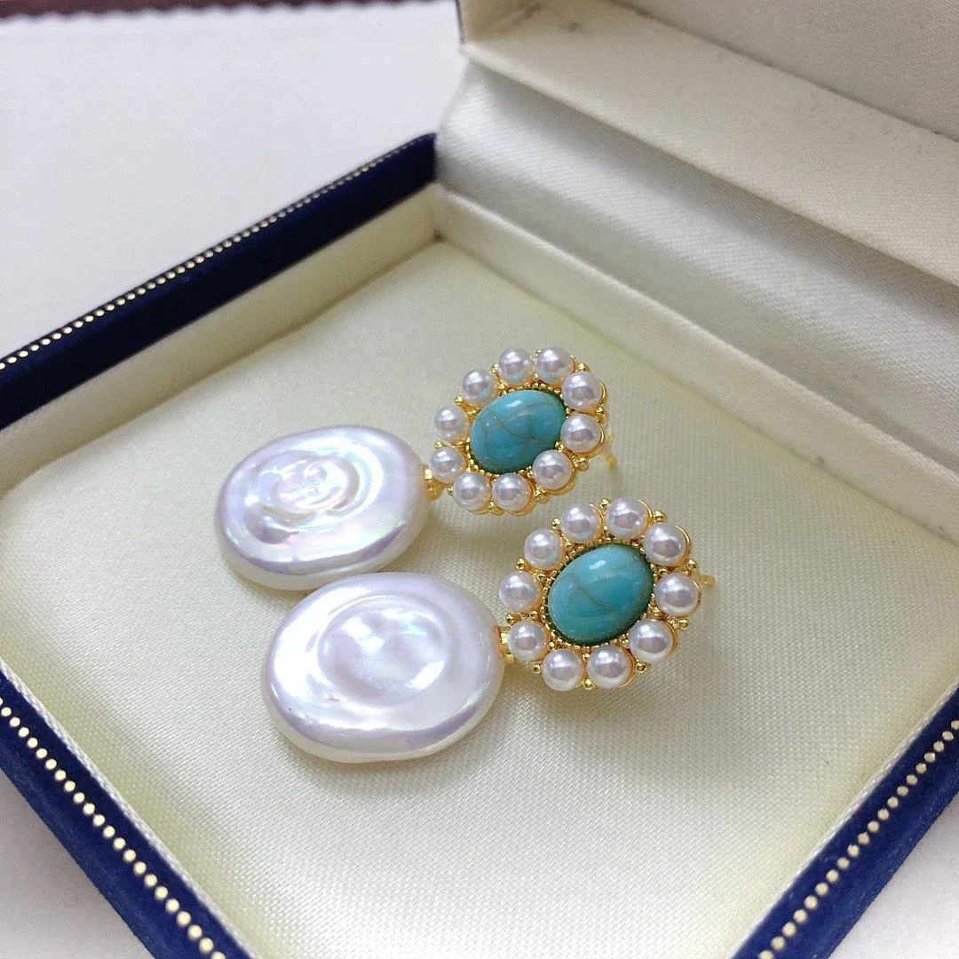 Ornate Oval Turquoise Halo Freshwater Pearl Drop Earrings