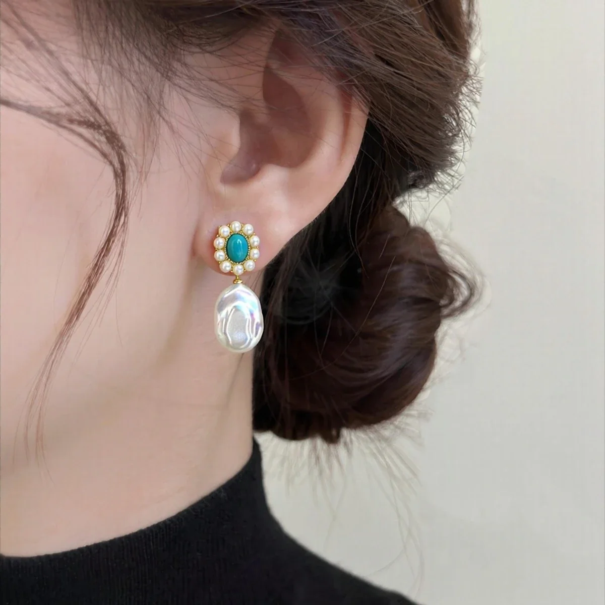 Ornate Oval Turquoise Halo Freshwater Pearl Drop Earrings