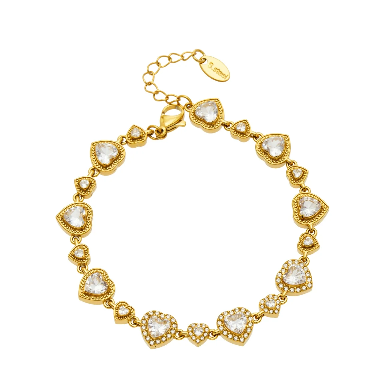 Ornate Gold-Plated Heart CZ Bezel Link Bracelet
