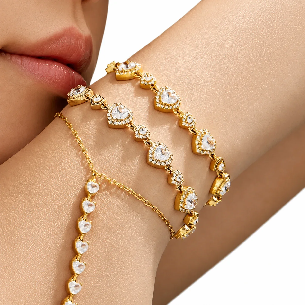 Ornate Gold-Plated Heart CZ Bezel Link Bracelet