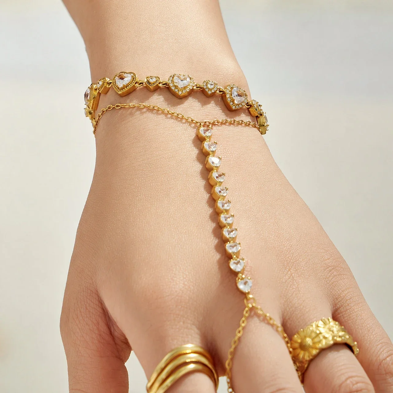 Ornate Gold-Plated Heart CZ Bezel Link Bracelet