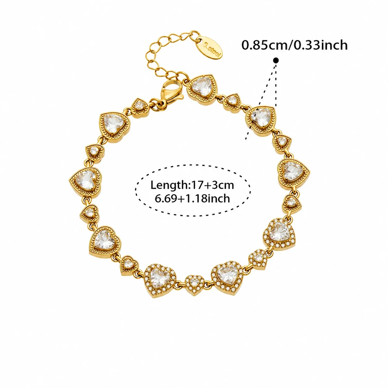 Ornate Gold-Plated Heart CZ Bezel Link Bracelet - Steel Heart CZ 17+3 cm