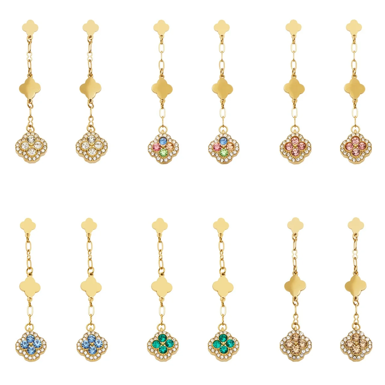 Clover Drop Stainless Steel Link CZ Earrings